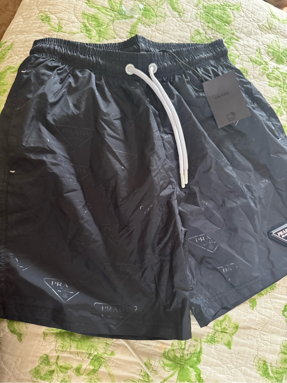 Prada Black Logo-Print Swim Shorts with White Drawstring